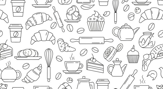 Seamless pattern with line icons of coffee, bakery items, pastries, and kitchen utensils.