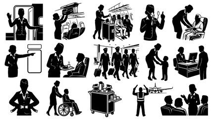 Obraz premium Airline Crew and Flight Attendant Duties Icons - Black White Silhouette Vector Set