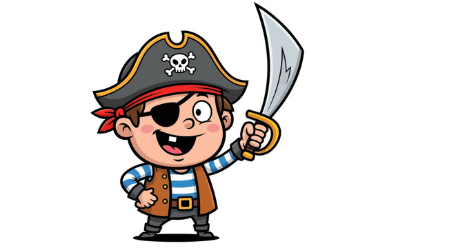 Cheerful cartoon pirate boy with an eye patch and sword, ready for an adventure on a white background.
