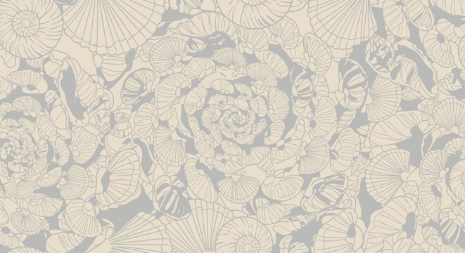 A repeating pattern of various seashells and nautilus shells in neutral tones.