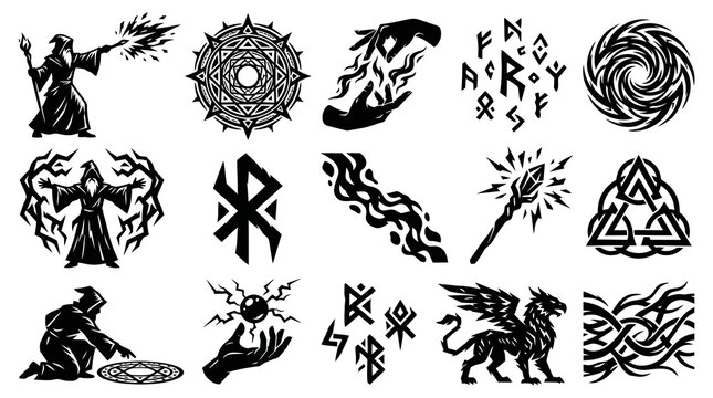Fantasy Magic Occult Glyphs  Symbols - Black  White Mystical Wizards Runes Vector Set