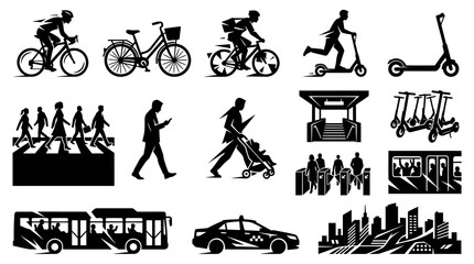 Fototapeta premium Diverse Urban Transportation Icons: People, Bikes, Scooters, Bus, Taxi, Train, Cityscape