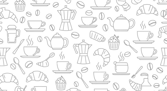 Seamless pattern with coffee and breakfast line icons on white background