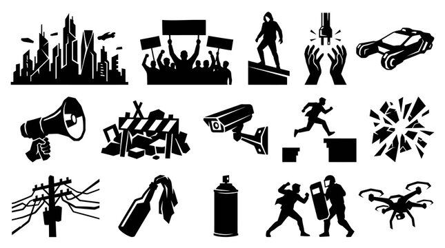 Protest and Riot Icons - Cityscape, Crowd, Molotov, Drone, Police, Spray Paint