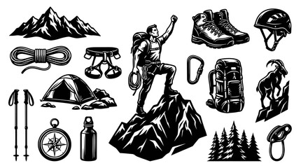 Obraz premium Black and White Climbing Gear and Mountain Icon Set Vector