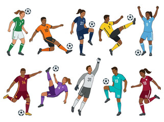 Fototapeta premium Dynamic Illustration of Soccer Players Performing Various Actions on the Field