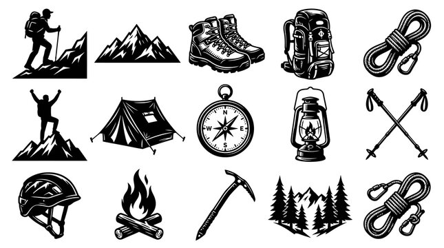 Black and White Vector Icons for Hiking and Camping Adventure