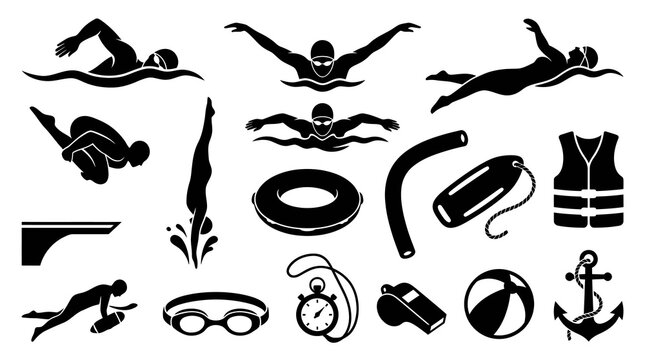 Black  White Swimming Icons: Swimmers, Dive, Lifesaver, Equipment