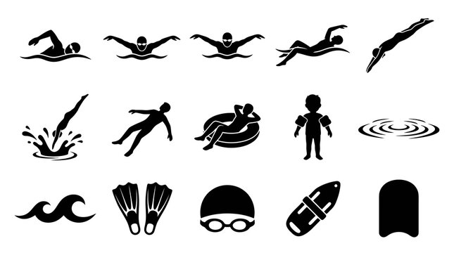 Swimming Icons Black  White Vector Set - Sports  Recreation