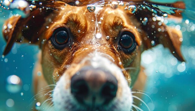 水滴と気泡のある水中犬クローズアップ・超精細でリアルな高解像度写真