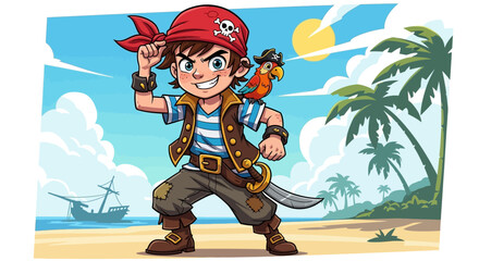 Cute cartoon young boy pirate character standing on a sunny tropical beach with a parrot and a ship © SAQUEEN