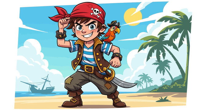 Cute cartoon young boy pirate character standing on a sunny tropical beach with a parrot and a ship