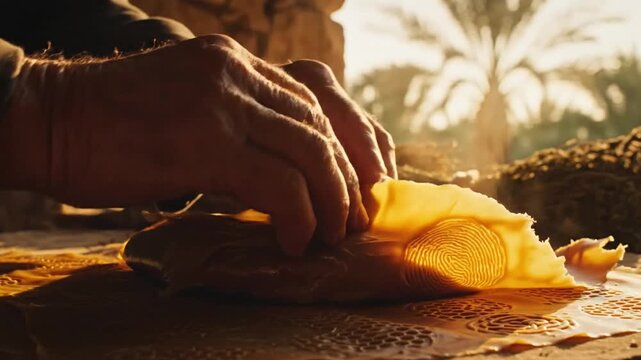 Close-up of a person's hand handling a piece of flatbread on a table outdoors.