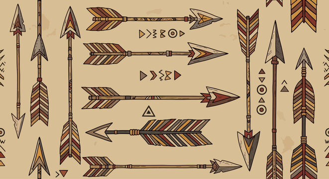 Seamless pattern of hand-drawn tribal arrows and ethnic symbols in native american style