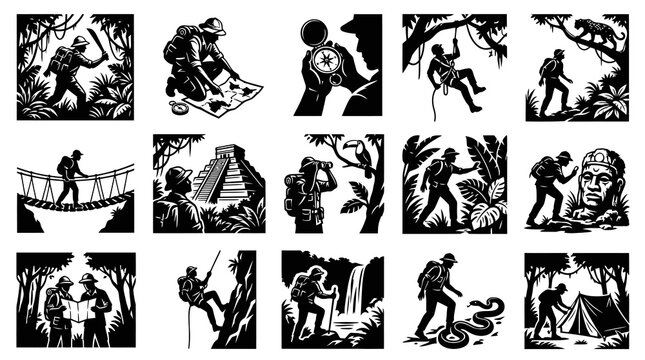 Black  White Adventure Expedition Icons: Explorers in Jungle, Hiking, Camping