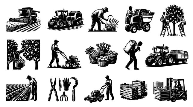 Black and White Engraving Style Agriculture Harvest Farm Machinery and Workers Illustrations Set