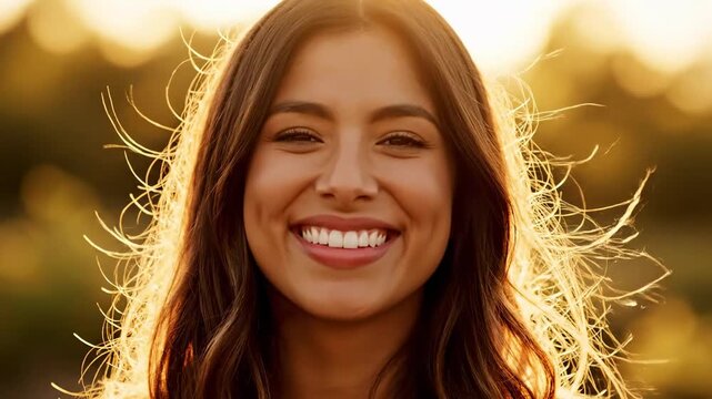 Radiant young woman smiling during golden hour sunset with a blurred natural background for lifestyle branding and dental health advertisements.