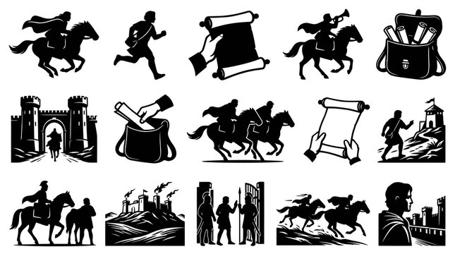 Historical Medieval Knights Scrolls Castle Horse Rider Silhouette Icons