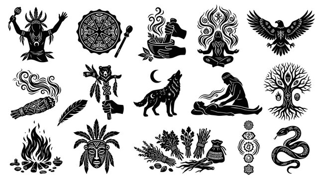 Shamanism  Spiritual Black  White Glyph Icons Set for Holistic Healing Design
