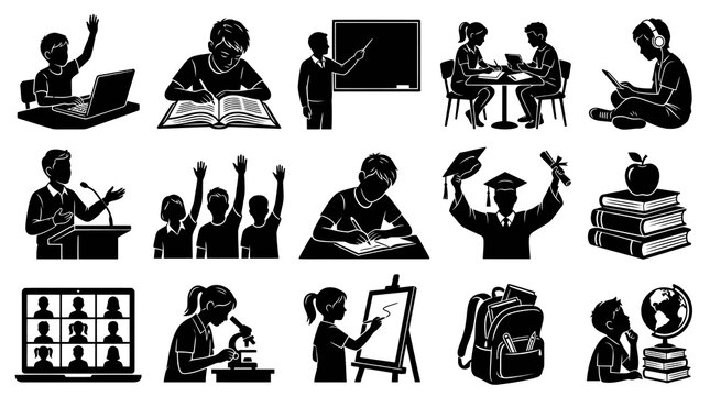 Education Glyph Icons Set: Students, Teachers, Learning, School  Academic Achievement Symbols