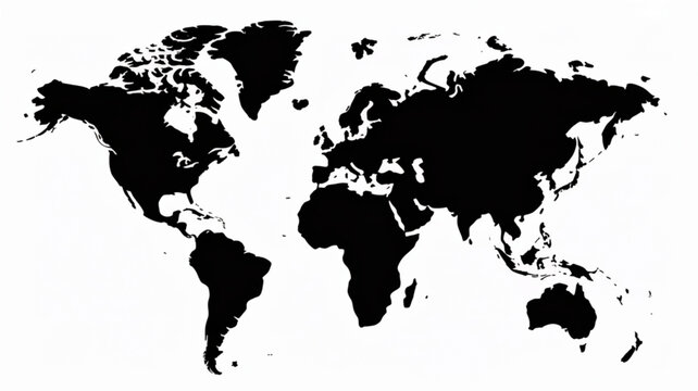 Black world map vector, global map silhouette, continent outline illustration, geography icon