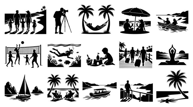Travel and Leisure: Beach Vacation Activities Silhouette Icons Vector Collection