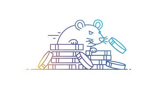 Cute cartoon mouse hiding in stack of coins, financial concept, digital art