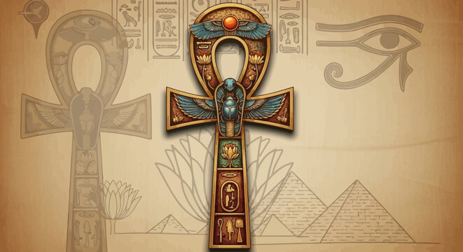 Ornate Egyptian Ankh cross with scarab beetle and hieroglyphs on ancient papyrus background with pyramids.