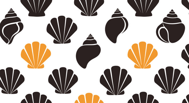 Seamless pattern with stylized seashell silhouettes in brown and orange on white background.