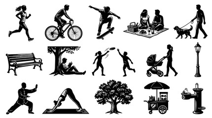 Obraz premium Black White Line Art of People Exercising, Relaxing, and Enjoying Outdoor Activities