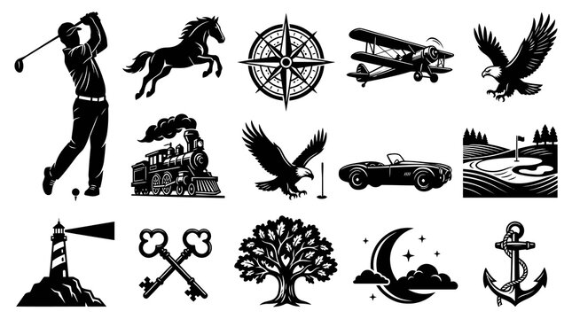 Diverse Vector Icons Collection: Black  White Sports, Nature, Travel, Vintage  Adventure Symbols