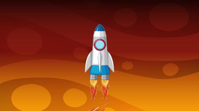 Cartoon rocket flying from earth into outer space passing by planets and stars a motion graphic animation.