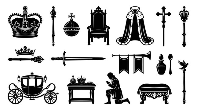 Royal Symbols: Crowns, Scepters, Carriage, Throne, Cloak, Sword, Icon Set