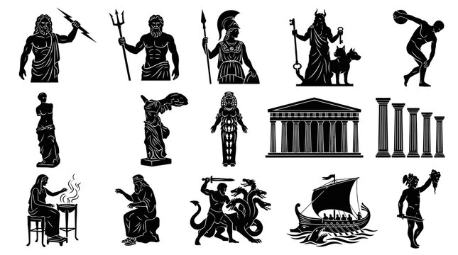 Ancient Greek Roman Mythology Gods Goddesses Heroes Icons Set - Black Silhouette Glyphs