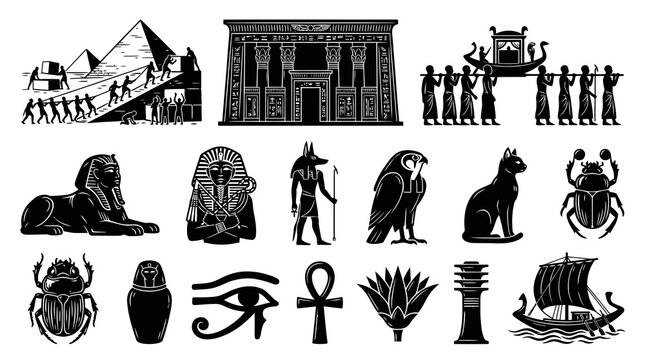 Ancient Egyptian Symbols: Pyramids, Pharaohs, Gods, Hieroglyphs, Black and White