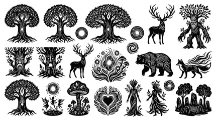 Obraz premium Mystical Woodland Pagan Symbols Vector Collection - Black White Line Art