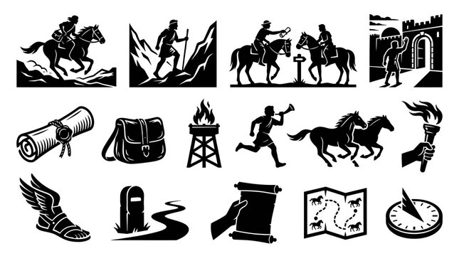 Ancient History Communication and Travel Glyph Icons Set - Messenger and Journey Silhouettes