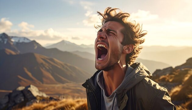 A man screams joyfully atop a mountain, his face contorted with emotion and mouth wide open, backlit by a bright sun