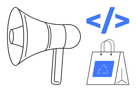 Digital advertising, online shopping, sustainable retail, coding, website development, eco-commerce. Megaphone, coding brackets and shopping bag with recycling logo. Digital marketing and e-commerce