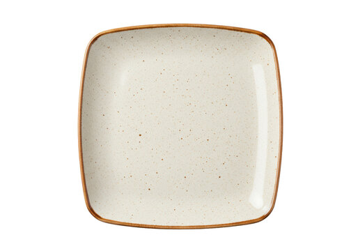 Empty, square ceramic plate, rustic artisan design, cream with brown dots, unglazed natural rim, isolated on transparent background with copy space, soft studio light. Rustic dining presentation