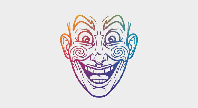 Crazy Clown Face Illustration with Rainbow Colors and Grinning Expression