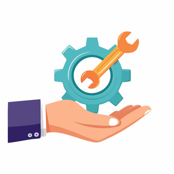 Hand holding gear and wrench, symbolizing service and industry