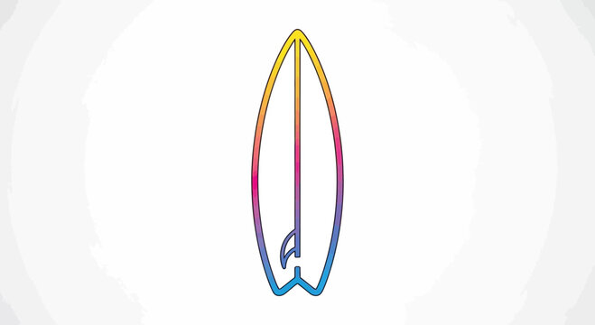 Colorful surfboard outline with watercolor texture on white background, summer vibe