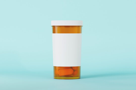 rx prescription drug bottle with blank white label, Plastic medical bottle amber color with tablets and a white lid traditional medicine concept