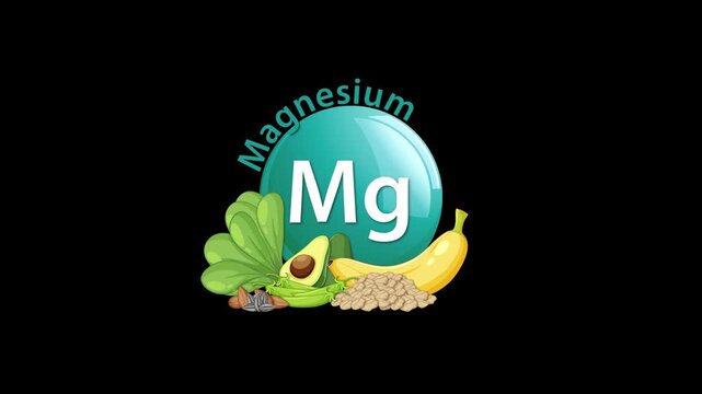 Magnesium mg icon with various food sources including avocado, banana, nuts, and lentils, dynamic motion graphics.