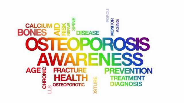 osteoporosis awareness concept Animated Tag Word Cloud kinetic typography, Text Design Animation typography seamless loop video motion graphics Intro Wordart tagcloud rainbow type on white background 