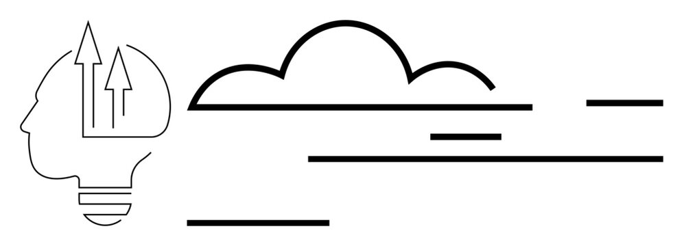 Innovation, cloud computing, data transfer, creativity, progress, digital transformation. Minimalist line art of a human head with arrows and a cloud. Innovation and cloud computing concept