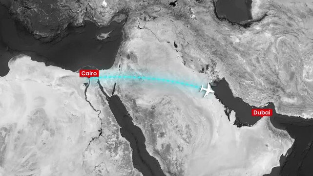 Airplane flight path from Cairo to Dubai in digital animation video footage