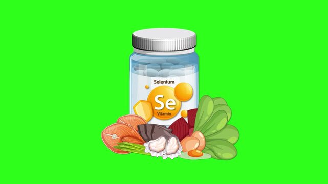 Bottle of vitamin selenium supplement with healthy food sources appearing around it on green screen footage.