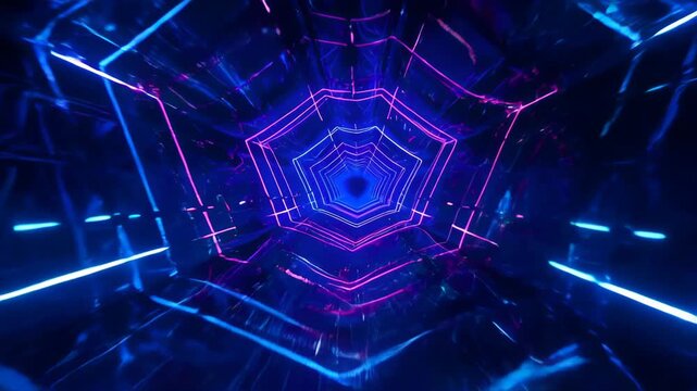 Abstract neon tunnel geometric shape background with purple and blue glowing line, futuristic digital corridor, glowing hexagon pattern, symmetric abstract background, perspective depth